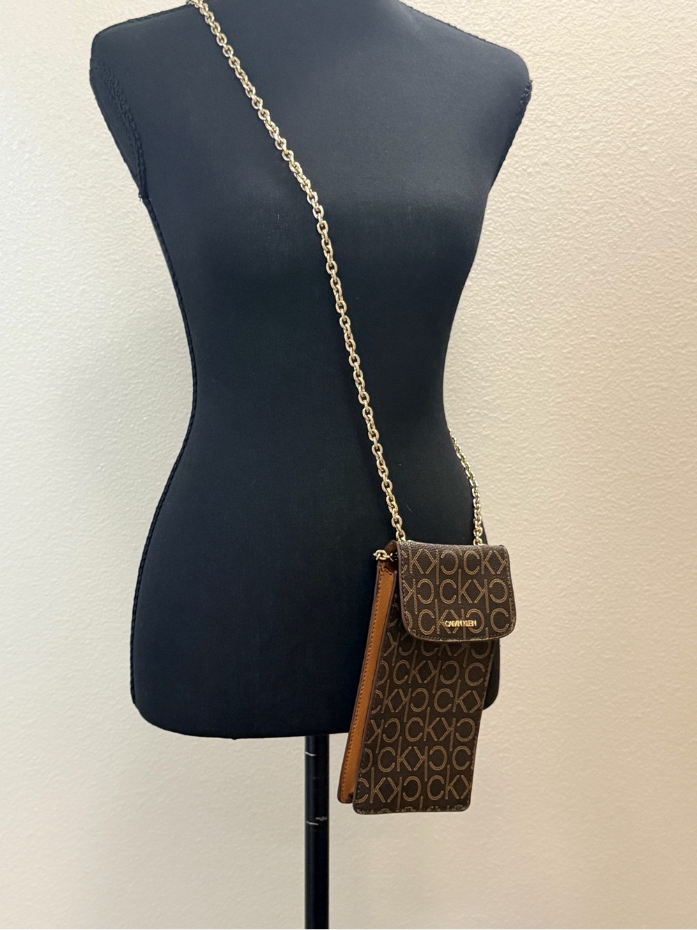 Calvin Klein Brown CK Logo Crossbody Phone Pouch with Gold Chain